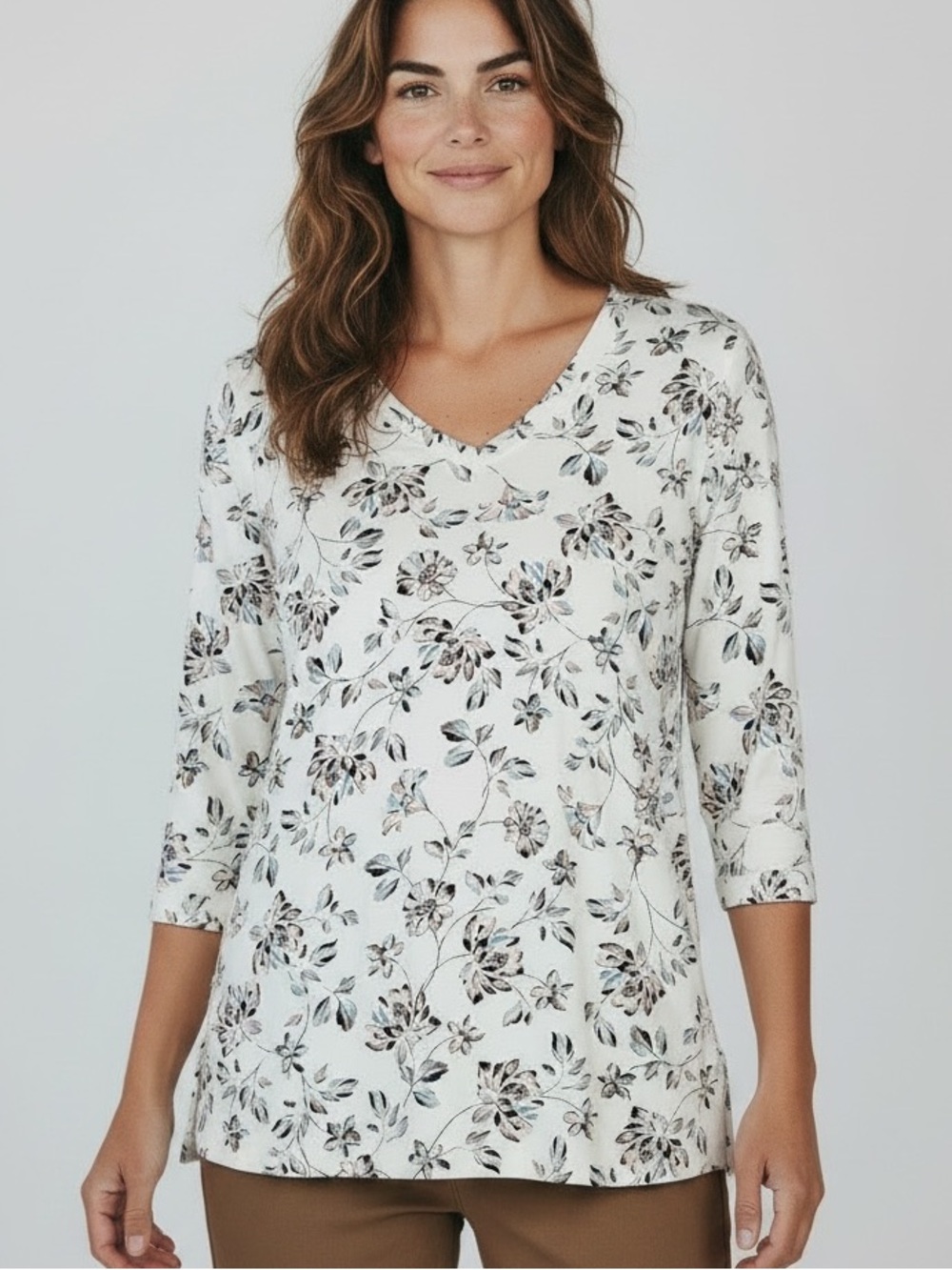 J Jill White Fall Floral V-Neck 3/4 Sleeve Top Side Slit Detail Flattering Sz Me